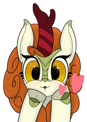 Size: 1339x1864 | Tagged: safe, artist:suryfromheaven, autumn blaze, kirin, g4, heart, hooves, looking at you, simple background, smooch, solo, transparent background