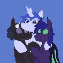 Size: 900x900 | Tagged: safe, artist:silverfishv9, oc, oc only, oc:azure star (silverfishv9), oc:dusks dim (solredrose), oc:night gaze (solredrose), bat pony, unicorn, blue eyes, blue mane, eyeshadow, female, horn, hug, lesbian, makeup, purple mane, simple background, trio, trio female