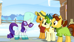 Size: 1080x608 | Tagged: safe, screencap, butternut, oak nut, pistachio, rarity, earth pony, pony, unicorn, g4, my little pony best gift ever, animated, blushing, boop, clothes, cute, female, group, hat, horn, male, mare, quartet, scarf, stallion