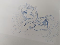 Size: 2048x1542 | Tagged: safe, artist:alphadesu, princess luna, alicorn, pony, cute, eyes closed, grayscale, lunabetes, lying down, monochrome, prone, smiling, solo, traditional art