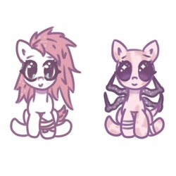 Size: 1866x1866 | Tagged: safe, artist:tuskonline, earth pony, pony, bandage, bandaged leg, blue eyes, duo, four horns, maneless, pink hair, pink mane, simple background, white background, white body