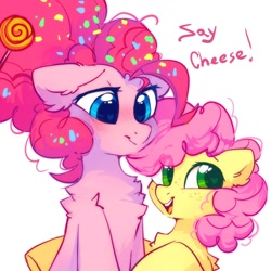 Size: 1700x1700 | Tagged: safe, artist:mirtash, li'l cheese, pinkie pie, earth pony, pegasus, pony, g4, blushing, candy, chest fluff, colt, cute, duo, ear fluff, eye clipping through hair, female, fluffy, foal, food, freckles, heart, heart eyes, lollipop, male, mama pinkie, older, older pinkie pie, simple background, smiling, white background, wingding eyes