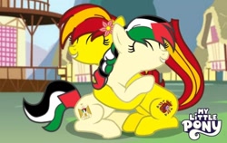 Size: 720x456 | Tagged: safe, artist:pedro720k_izzy_oficial, pony, current events, duo, hug, nation ponies, palestine, ponified, spain