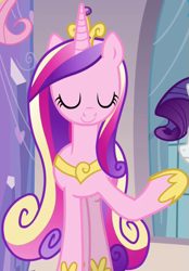 Size: 373x537 | Tagged: safe, screencap, princess cadance, rarity, alicorn, pony, unicorn, g4, games ponies play, season 3, cropped, crown, cute, cutedance, duo, duo female, eyes closed, female, frown, hoof shoes, horn, jewelry, mare, offscreen character, peytral, raised hoof, regalia, smiling, solo focus