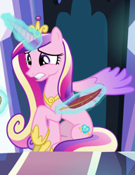 Size: 541x705 | Tagged: safe, princess cadance, alicorn, pony, g4, the beginning of the end, cropped, crystal castle, crystal empire, magic, quill pen, telekinesis