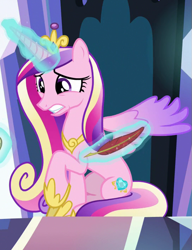 Size: 541x705 | Tagged: safe, screencap, princess cadance, alicorn, pony, g4, the beginning of the end, concave belly, cropped, crown, crystal castle, crystal empire, female, glowing, glowing horn, gritted teeth, hoof shoes, horn, jewelry, magic, mare, nervous, partially open wings, peytral, princess shoes, quill pen, raised hoof, regalia, sitting, slender, solo, teeth, telekinesis, thin, wings