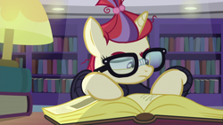 Size: 1280x720 | Tagged: safe, screencap, moondancer, pony, unicorn, amending fences, g4, season 5, backlighting, book, bookshelf, canterlot library, clothes, eyebrows, female, glasses, horn, lamp, library, light, mare, moon dancer's book, ponybooru import, raised eyebrow, reading, solo, sweater