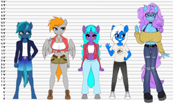 Size: 1292x817 | Tagged: safe, artist:tomi_ouo, oc, oc:dee pad, oc:flicker frame, oc:joy pad, oc:rocksy amber, oc:sea dreamer, earth pony, pegasus, unicorn, anthro, abs, big breasts, breasts, cleavage, clothes, ear piercing, earring, eyeshadow, glasses, height difference, horn, huge breasts, jewelry, long hair, makeup, midriff, muscles, piercing, size comparison, sweater