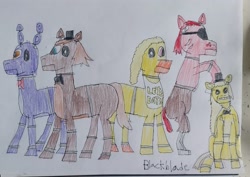 Size: 3429x2423 | Tagged: safe, artist:blackblade360, earth pony, pony, robot, robot pony, bib, black eye, blue eyes, bonnie (fnaf), bowtie, brown coat, brown mane, chica, clothes, colored pencil drawing, creepy, crossover, endoskeleton, eraser, eyepatch, female, five nights at freddy's, foxy, freddy fazbear, goldenfreddy, hat, head tilt, irl, long mane, looking at you, male, multiple characters, pants, paper, photo, ponified, pose, purple coat, purple eyes, rearing, red coat, red mane, robot hoove, roboticization, signature, simple background, sitting, table, traditional art, video game, video game crossover, white background, white pupils, yellow coat, yellow mane