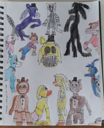 Size: 2604x3186 | Tagged: safe, artist:blackblade360, ghost, ghost pony, pony, robot, shadow pony, undead, balloon boy, balloon girl, black eye, black mane, black tail, blue eyes, bowtie, broken, brown coat, brown mane, clothes, colored pencil drawing, creepy, crossover, endoskeleton, female, five nights at freddy's, five nights at freddy's 2, floating head, flying, hat, hiding, irl, long ears, long tail, looking at each other, looking at someone, looking at you, looking down, looking up, male, mangle, mask, no pupils, pants, paper, photo, pink mane, ponified, pose, puppet, purple coat, purple mane, raised leg, rearing, red coat, roboticization, shadow bonnie, shadow freddy, signature, smiling, supernatural, tail, toy bonnie, toy chica, toy freddy, traditional art, video game, video game crossover, wavy mane, wavy tail, white coat, wires, withered, yellow coat, yellow eyes, yellow mane