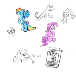 Size: 1220x1220 | Tagged: safe, artist:rusheloc, big macintosh, pinkie pie, rainbow dash, spike, earth pony, pegasus, pony, beard, cereal box, facial hair, female, male, mare, simple background, stallion, white background