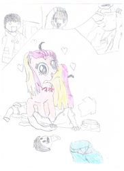 Size: 850x1169 | Tagged: safe, artist:kanna, oc, oc only, earth pony, human, pony, human costume, human to pony, mask, masking, open mouth, open smile, smiling, solo, traditional art