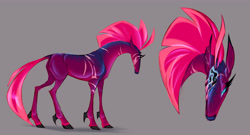 Size: 6100x3300 | Tagged: safe, alternate version, artist:shirecorn, tempest shadow, pony, unicorn, g4, absurd resolution, broken horn, concave belly, eye scar, facial scar, female, gray background, horn, lidded eyes, mare, missing eye, scar, simple background, slender, solo, thin