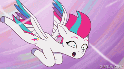Size: 520x293 | Tagged: safe, screencap, pipp petals, sunny starscout, zipp storm, alicorn, pegasus, pony, g5, my little pony: tell your tale, where the rainbows are made, animated, female, flying, force field, gif, gifrun.com, glowing cutie mark, holding hooves, looking at each other, looking at someone, mare, race swap, royal sisters (g5), siblings, sisters, smiling, smiling at each other, sunnycorn, tornado, trio, trio female