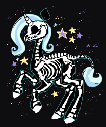 Size: 500x600 | Tagged: safe, artist:suippumato, trixie, pony, skeleton pony, unicorn, black background, bone, digital art, female, horn, mare, pixel art, rearing, simple background, skeleton, solo, stars