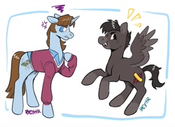 Size: 1523x1100 | Tagged: safe, artist:beyhr, pegasus, pony, unicorn, a goofy movie, blue coat, blue eyes, border, bradley uppercrust ⅲ, brown hair, brown mane, bucktooth, clothes, coat markings, colored eyebrows, colored muzzle, colored wings, colored wingtips, cross-popping veins, duo, duo male, ears back, emanata, facial markings, frown, gay, horn, long mane male, long tail, looking back, male, max goof, mealy mouth (coat marking), narrowed eyes, no catchlights, no pupils, non-mlp shipping, open mouth, open smile, ponified, profile, raised hoof, rearing, shiny hair, shiny mane, shiny tail, shipping, signature, simple background, smiling, socks (coat markings), spread wings, stallion, standing, sweater, tail, time-lapse included, two toned wings, unicorn horn, white background, wings