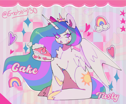 Size: 2048x1691 | Tagged: safe, artist:emoboy130, princess celestia, alicorn, pony, g4, :p, abstract background, cake, cake slice, cakelestia, chest fluff, colored, colored pinnae, concave belly, crown, ear fluff, ethereal mane, ethereal tail, eye clipping through hair, eyebrows, female, floating heart, food, heart, hoof shoes, horn, jewelry, long horn, long mane, looking away, mare, missing accessory, multicolored mane, multicolored tail, partially open wings, pink eyes, pink text, princess shoes, raised eyebrow, raised hoof, regalia, shrunken pupils, signature, sitting, solo, sparkles, sticker, tail, text, thick eyelashes, tiara, tongue out, unicorn horn, wavy mane, white coat, wings, zoom layer