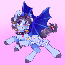 Size: 2048x2048 | Tagged: safe, artist:cocopudu, oc, oc only, oc:flutterbug, bat pony, pony, bandaid, bandaid on nose, bat pony oc, blaze (coat marking), blue coat, bracelet, braid, braided tail, cheek fluff, chest fluff, cloven hooves, coat markings, collar, colored, colored hooves, colored wings, concave belly, dyed mane, ear fluff, ear piercing, ear tufts, earring, eye, eyelashes, eyes, facial markings, fangs, flying, gradient background, gray hooves, gray tail, hair accessory, hairclip, heart collar, industrial piercing, jewelry, leg fluff, mane accessory, multicolored mane, piercing, purple eyes, raccoon tail, raised hooves, rearing, shiny eyes, shiny mane, shiny tail, signature, solo, spiked collar, spread wings, tail, tied tail, two toned wings, wings