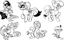 Size: 1066x664 | Tagged: safe, artist:kompy, oc, oc only, bat pony, earth pony, original species, pegasus, pony, snake, snake pony, unicorn, black and white, grayscale, horn, monochrome, simple background, white background