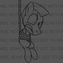 Size: 800x800 | Tagged: safe, artist:unitxxvii, oc, oc only, earth pony, pony, floppy ears, gray background, grayscale, gritted teeth, hanging, monochrome, rope, simple background, solo, teeth, text, tied up