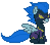 Size: 98x88 | Tagged: artist needed, safe, nightshade, pegasus, pony, animated, clothes, costume, desktop ponies, female, mare, pixel art, shadowbolts, shadowbolts costume, simple background, sitting, solo, sprite, tail, toothy grin, transparent background, windswept mane, windswept tail