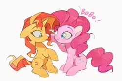 Size: 1181x789 | Tagged: safe, artist:bilidongdong, pinkie pie, sunset shimmer, earth pony, pony, unicorn, g4, boop, duo, duo female, female, floppy ears, horn, looking at each other, looking at someone, mare, simple background, smiling, white background