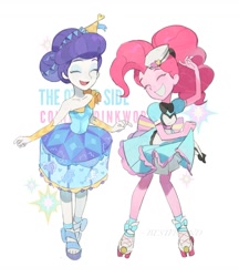 Size: 1285x1485 | Tagged: safe, artist:bilidongdong, pinkie pie, rarity, human, equestria girls, g4, bare shoulders, carousel dress, clothes, dancing, dress, duo, duo female, eyes closed, female, grin, open mouth, open smile, roller skates, server pinkie pie, simple background, skates, smiling, text, white background