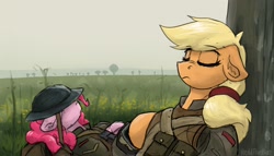 Size: 2748x1567 | Tagged: safe, artist:reddthebat, applejack, pinkie pie, earth pony, pony, redd's great war universe, g4, army helmet, duo, duo female, eyebrows, eyebrows visible through hair, eyes closed, female, floppy ears, helmet, mare, sleeping, soldier, world war i