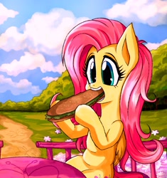 Size: 2686x2856 | Tagged: safe, artist:rafastary, fluttershy, pegasus, g4, belly, chubby, day, eating, food, forest, herbivore, human shoulders, nature, round belly, sandwich, solo, table, tree, veggie sandwich