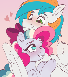Size: 1599x1817 | Tagged: safe, artist:skysorbett, oc, oc only, oc:sky sorbet, oc:twister joy, pegasus, bow, couple, cute, duo, duo male and female, female, hair bow, heart, hug, looking at each other, looking at someone, male, mare, pegasus oc, sketch, smiling, smiling at each other, stallion, winghug, wings