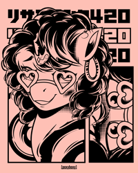 Size: 2400x3000 | Tagged: safe, artist:poxy_boxy, oc, oc only, pony, bust, commission, ear piercing, earring, glasses, grin, heart shaped glasses, hooped earrings, jewelry, monochrome, piercing, smiling