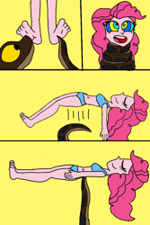 Size: 541x812 | Tagged: safe, artist:beecartoonist13, pinkie pie, human, snake, equestria girls, g4, balancing, bikini, breasts, busty pinkie pie, clothes, coils, comic, duo, feet, female, foot tickling, hypno eyes, hypno pie, hypnosis, hypnotized, kaa, kaa eyes, laughing, sleeping, swimsuit, tickling, wrapped snugly, wrapped up