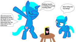 Size: 5024x2776 | Tagged: safe, artist:memeartboi, pegasus, pony, unicorn, g4, awesome, beautiful, bipedal, colt, confused, confusion, cool, cute, dab, duo, duo male and female, female, foal, gumball watterson, heart, horn, male, mare, mother, mother and child, mother and son, nicole watterson, phone, ponified, simple background, style, stylish, surprised, table, the amazing world of gumball, tiktok, trending, video camera, viral, white background, wings, youtube