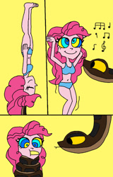 Size: 517x806 | Tagged: safe, artist:beecartoonist13, pinkie pie, human, equestria girls, g4, balancing, banana, belly dance, belly dancer, bikini, breasts, busty pinkie pie, clothes, coils, comic, cute, diapinkes, duo, female, food, hypno eyes, hypno pie, hypnosis, hypnotized, kaa, kaa eyes, looking at each other, looking at someone, male, mouth stuffed, music notes, singing, sleeping, swimsuit, wrapped snugly, wrapped up