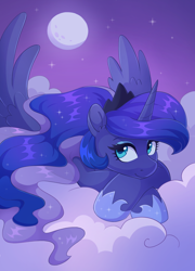 Size: 1654x2299 | Tagged: safe, artist:skysorbett, princess luna, alicorn, pony, g4, cloud, crown, cute, ethereal mane, eyeshadow, female, full moon, jewelry, looking at you, lying down, makeup, mare, moon, night, regalia, sky, smiling, smiling at you, solo, starry mane, stars, wavy mane, wings