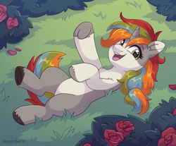 Size: 2455x2035 | Tagged: safe, artist:skysorbett, oc, oc only, pony, unicorn, bush, chest fluff, female, filly, flower, foal, frog (hoof), grass, hooves, horn, looking at you, lying down, multicolored mane, raised hoof, rose, smiling, smiling at you, solo, two toned coat, underhoof