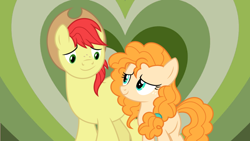 Size: 1280x720 | Tagged: safe, artist:themexicanpunisher, bright mac, pear butter, earth pony, pony, g4, card, couple, duo, duo male and female, female, freckles, hat, heart, heart background, looking at each other, looking at someone, male, mare, ship:brightbutter, shipping, shipping card, smiling, smiling at each other, stallion, straight