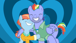 Size: 1200x675 | Tagged: safe, artist:themexicanpunisher, bow hothoof, windy whistles, pegasus, pony, ^^, bowabetes, card, clothes, cute, duo, duo male and female, eyes closed, female, freckles, grin, heart, heart background, hug, jacket, male, mare, married couple, ship:windyhoof, shipping, shipping card, smiling, stallion, straight, windybetes, winghug, wings