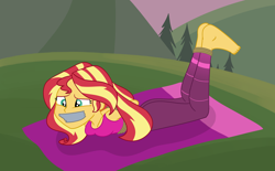 Size: 2500x1552 | Tagged: safe, artist:nie-martw-sie-o-mnie, sunset shimmer, human, equestria girls, g4, my little pony equestria girls: choose your own ending, wake up!, wake up!: rainbow dash, barefoot, bondage, bound and gagged, clothes, feet, female, gag, pants, rope, rope bondage, solo, tape, tape gag, tied up, yoga mat, yoga pants