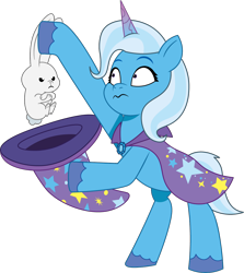 Size: 1124x1260 | Tagged: safe, artist:prixy05, angel bunny, trixie, pony, rabbit, unicorn, g4, g5, my little pony: tell your tale, angry, animal, bunny out of the hat, cape, clothes, duo, female, g4 to g5, generation leap, hat, horn, magic trick, male, mare, simple background, transparent background, trixie's cape, trixie's hat, vector, worried