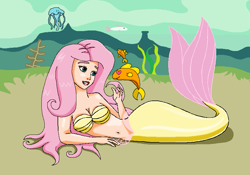 Size: 851x597 | Tagged: safe, artist:ocean lover, fluttershy, fish, human, mermaid, beautiful, belly, belly button, blue eyes, bra, clothes, coral, curvy, cute, fins, fish tail, flutterbeautiful, heart, heart eyes, hourglass figure, human coloration, humanized, kindness, light skin, long hair, looking at each other, looking at someone, lying down, mermaid tail, mermaidized, mermay, midriff, ms paint, ocean, pink hair, pretty, sand, seashell, seashell bra, seaweed, shyabetes, smiling, species swap, tail, tail fin, teal eyes, underwater, underwear, water, wingding eyes, yellow tail