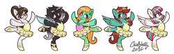 Size: 2424x752 | Tagged: safe, artist:chiefywiffy, blossomforth, raven, oc, changeling, pegasus, pony, robot, robot pony, unicorn, ballerina, commission, horn, simple background, white background, ych result