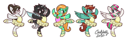 Size: 2424x752 | Tagged: safe, artist:chiefywiffy, blossomforth, raven, oc, oc:goldheart, changeling, pegasus, pony, robot, robot pony, unicorn, g4, ballerina, clothes, commission, horn, simple background, tutu, white background, ych result