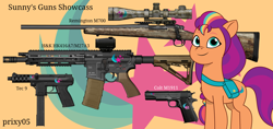Size: 2280x1080 | Tagged: safe, artist:edy_january, artist:prixy05, sunny starscout, earth pony, pony, g5, my little pony: tell your tale, ar-15, armory, arsenal, assault rifle, collection, cutie mark, cutie mark background, gun, handgun, hk416, hunting rifle, m1911, pistol, remington 700, rifle, showcase, simple background, sniper, sniper rifle, solo, submachinegun, sunny starscout's cutie mark, tec-9, vector used, weapon