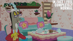 Size: 2000x1125 | Tagged: safe, edit, edited screencap, editor:quoterific, screencap, discord, discordant harmony, g4, couch, cup, discord's house, flower, food, glasses, sandwich, solo, teacup, teapot