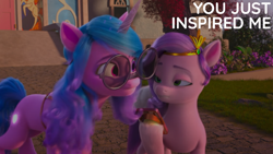 Size: 2000x1125 | Tagged: safe, edit, edited screencap, editor:quoterific, screencap, izzy moonbow, pipp petals, pegasus, unicorn, g5, izzy does it, my little pony: make your mark, my little pony: make your mark chapter 2, caption, glasses, glowing cutie mark, horn, text