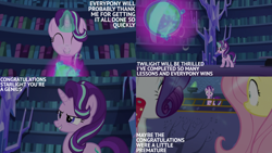 Size: 2000x1125 | Tagged: safe, edit, edited screencap, editor:quoterific, screencap, fluttershy, rarity, starlight glimmer, pegasus, pony, unicorn, every little thing she does, g4, season 6, female, horn, library, trio, trio female, twilight's castle, twilight's castle library