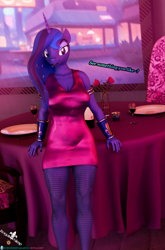 Size: 2365x3576 | Tagged: safe, artist:royalsimp, princess luna, alicorn, anthro, g4, 3d, alcohol, bracer, candle, chair, clothes, dinner, dress, female, fishnet clothing, flower, glass, horn, rose, solo, table, tablecloth, text, window, wine