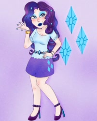Size: 826x1029 | Tagged: safe, artist:burbernoodle, rarity, human, g4, belt, bracelet, clothes, eyeshadow, female, high heels, humanized, jewelry, lipstick, makeup, nail polish, purple background, shirt, shoes, simple background, skirt, solo, t-shirt