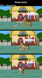 Size: 1920x3516 | Tagged: safe, artist:platinumdrop, derpy hooves, oc, oc:dusty hooves, comic:dusty acres, series:technoverse, g4, 3 panel comic, blank flank, comic, commission, farm, female, filly, foal, greeting, happy, house, hug, smiling, speech bubble, talking, younger